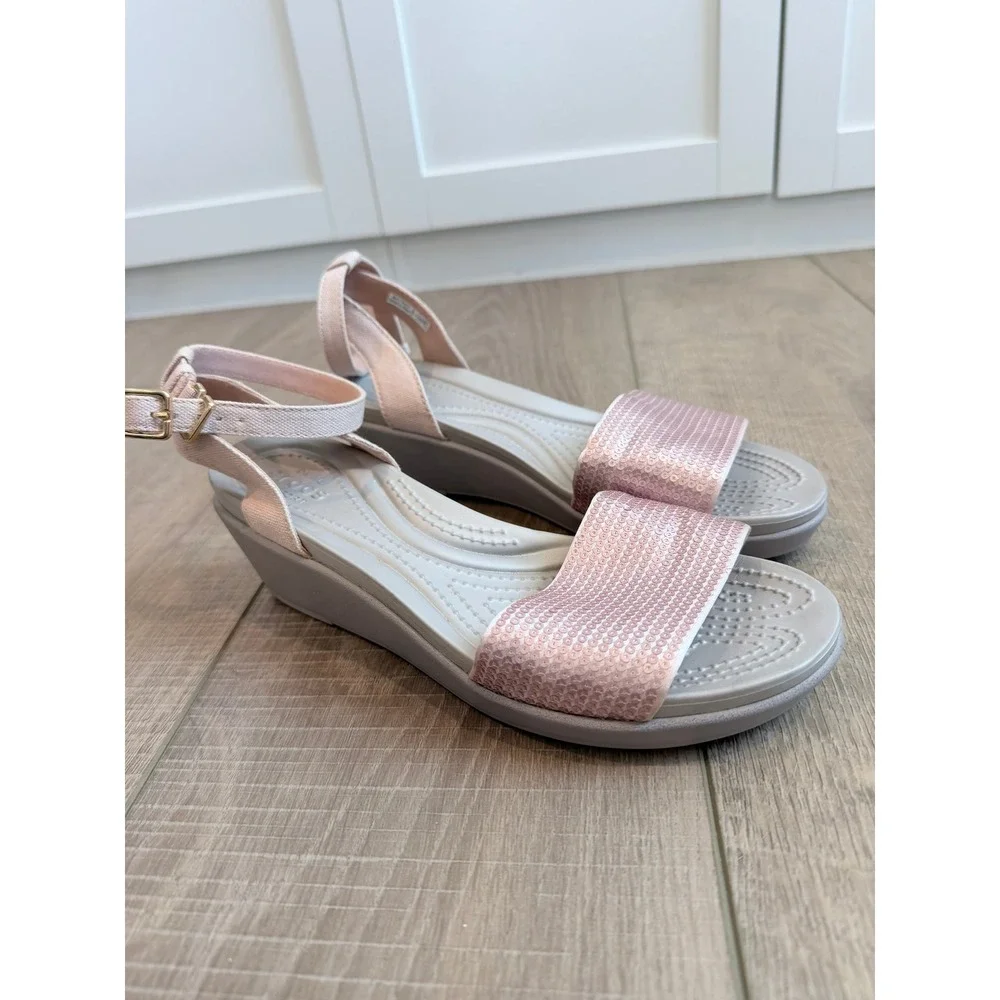 Crocs Monterey Sequin Wedge Women 7 Pink Gray 206024 Ankle Strap Sandal